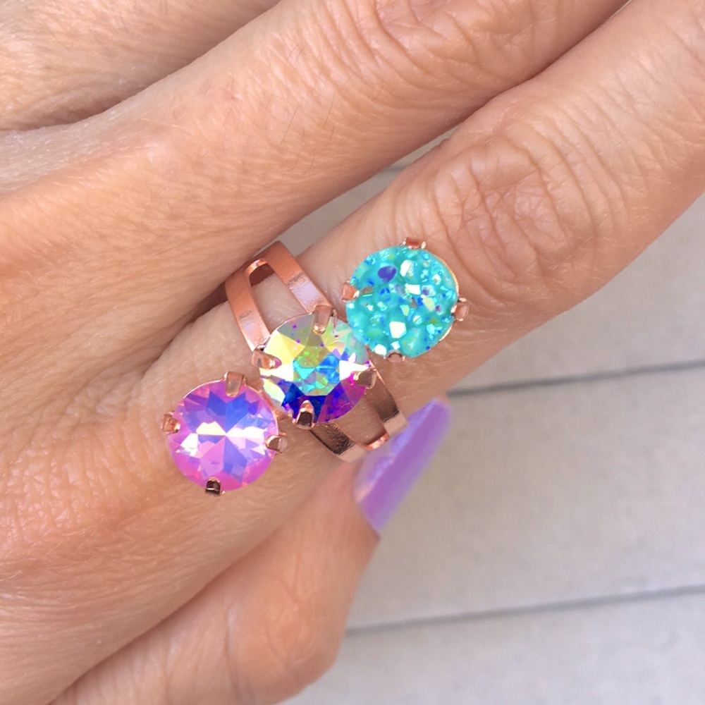 Iridescent Turquoise Druzy, Pink-Purple Opal AB Rose Gold Crystal Statement Ring